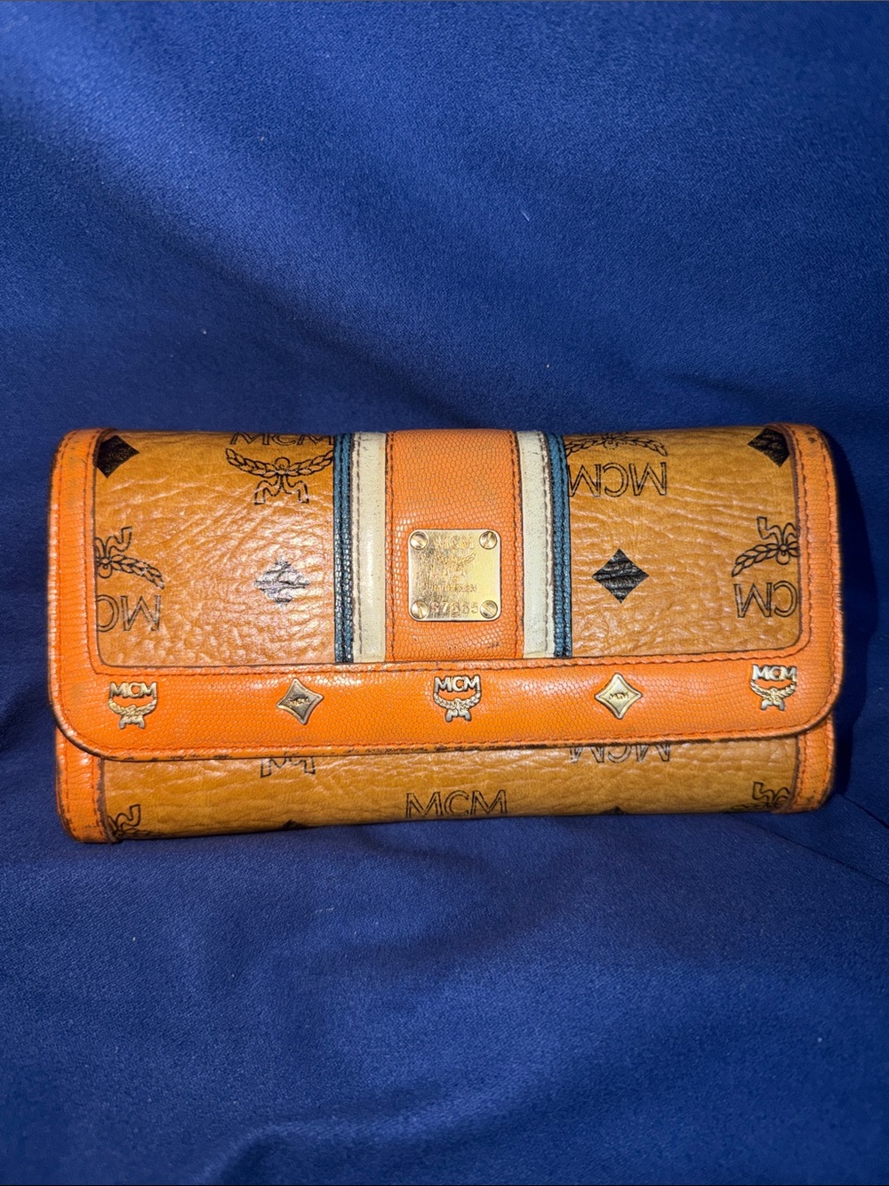 MCM Cognac Visetos Wallet with Orange Trim and Gold Plate